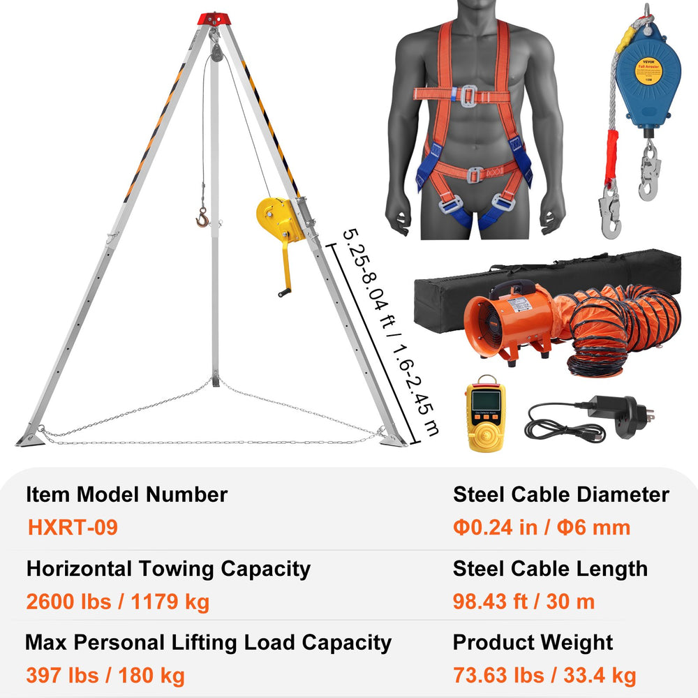 Vevor Confined Space Tripod Kit 2600 Lbs. Winch 8' Legs 98' Cable 32.8' Fall Arrester Harness Blower and Gas Detector New