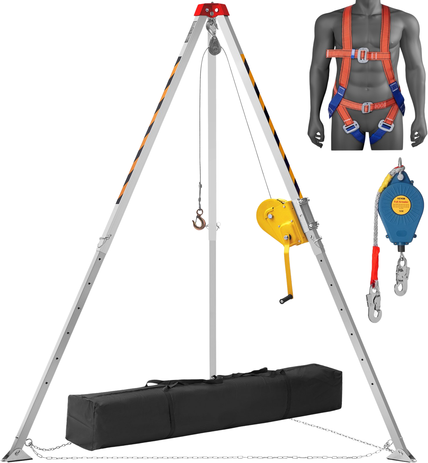 Vevor Confined Space Tripod Kit 2600 Lbs. Winch 8' Legs 98' Cable 32.8' Fall Arrester and Rescue Harness New