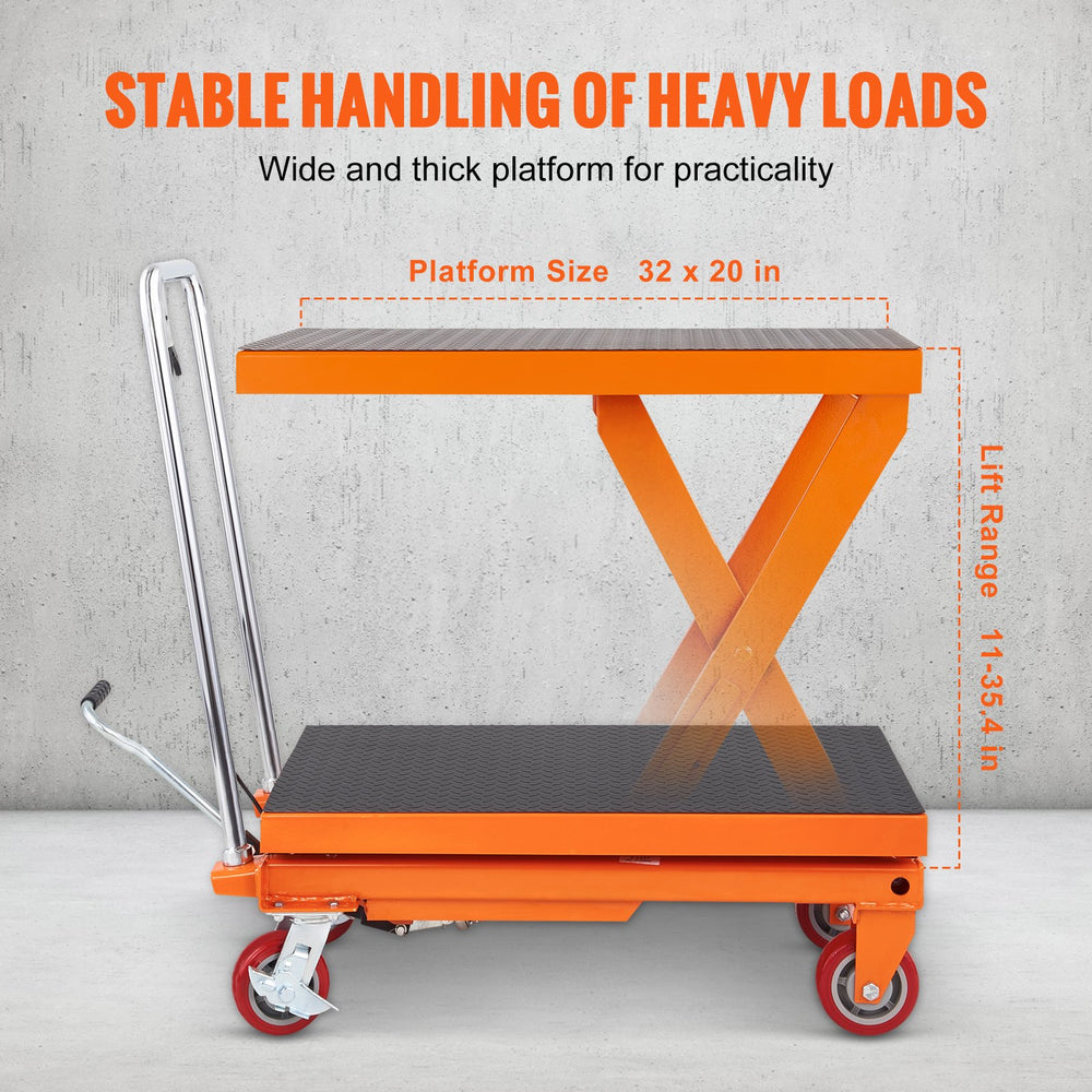 Vevor Hydraulic Lift Table Cart 1100 Lbs. Manual Single Scissor 35.4" Lift Height Non-Slip Pad 4 Wheel New