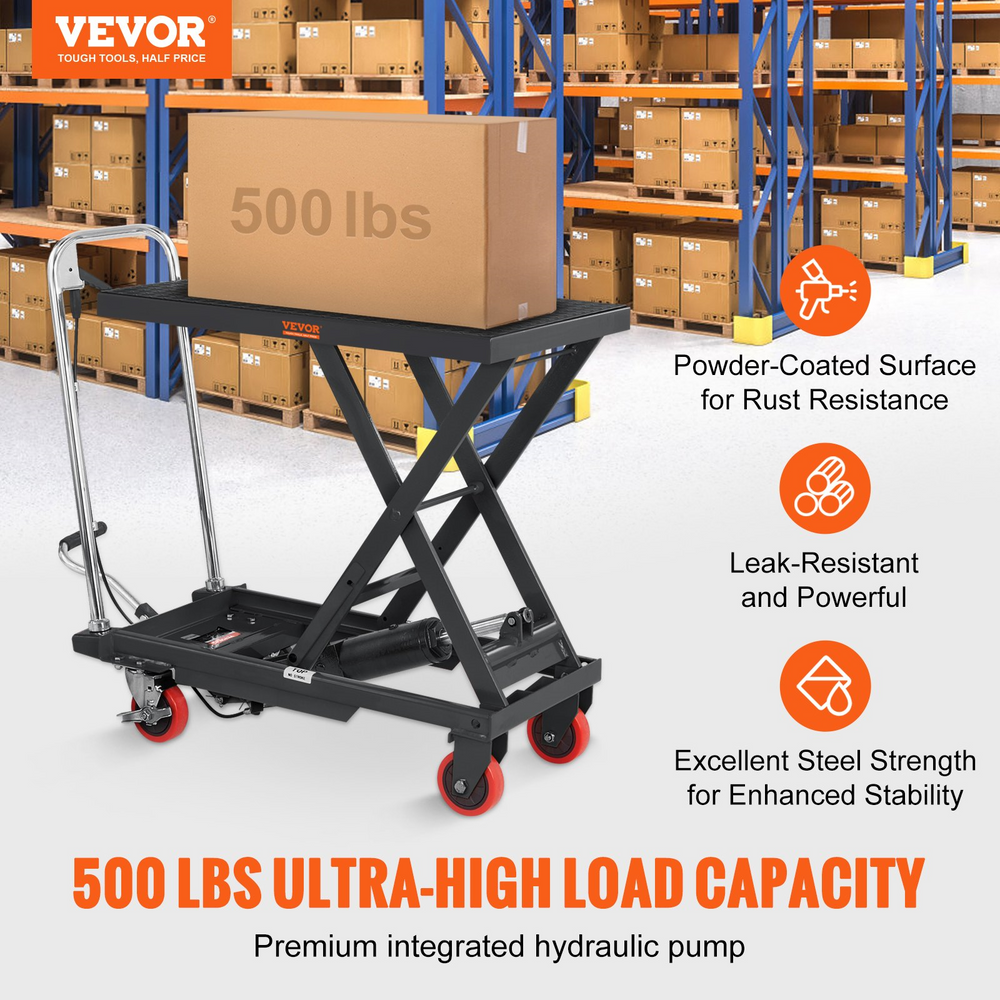 Vevor Hydraulic Lift Table Cart 500 Lbs Capacity Manual Single Scissor 28.5" Maximum Lift Height New