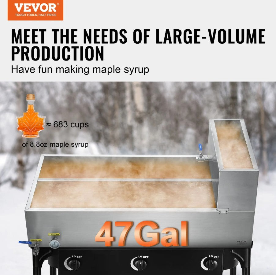 Vevor Maple Syrup Evaporator Pan 47 Gal Capacity Stainless Steel with Valves and Thermometer New