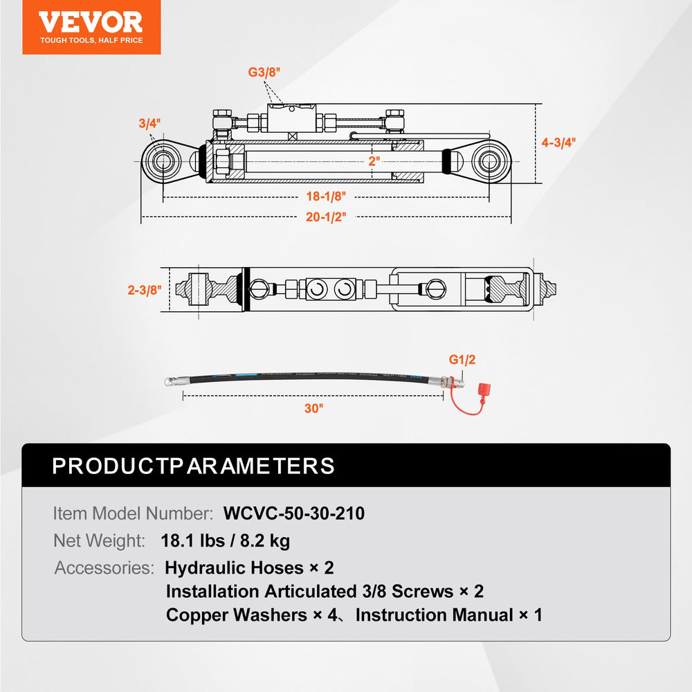 Vevor Hydraulic Top Link Cat. 1-1 18-1/8" to 26-3/8" with 2 Hoses and G3/8" Check Valve New