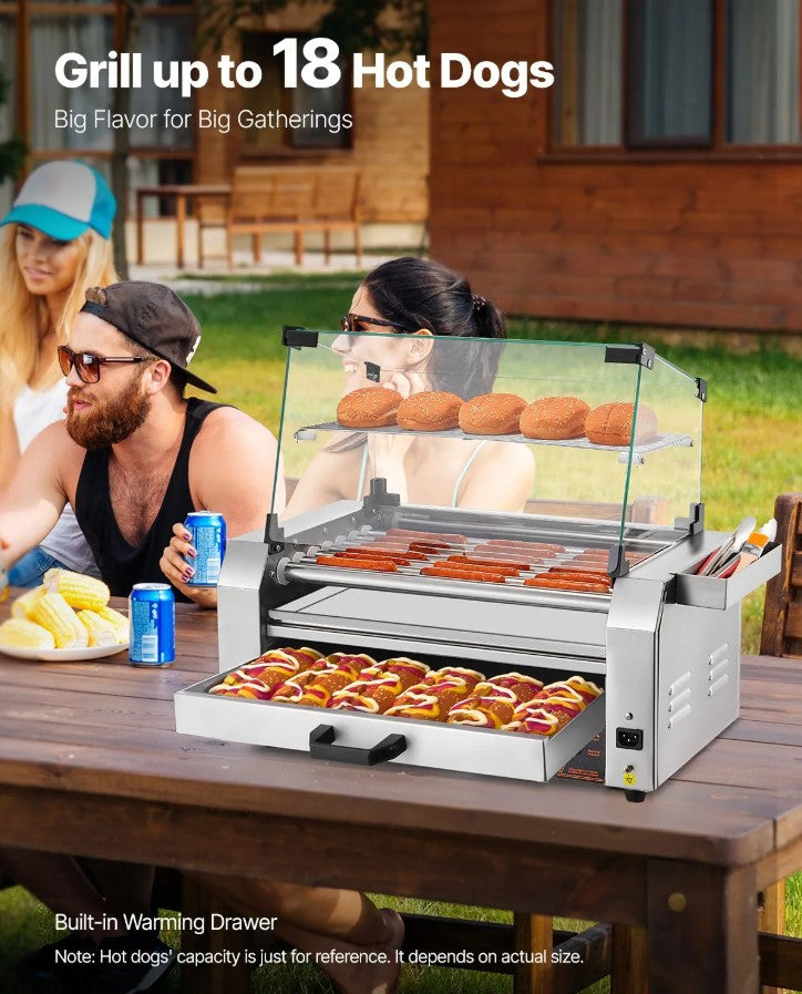 Vevor Electric 18 Hot Dog 7-Roller Grill Machine with Bun Warmer and Cover 1200W New