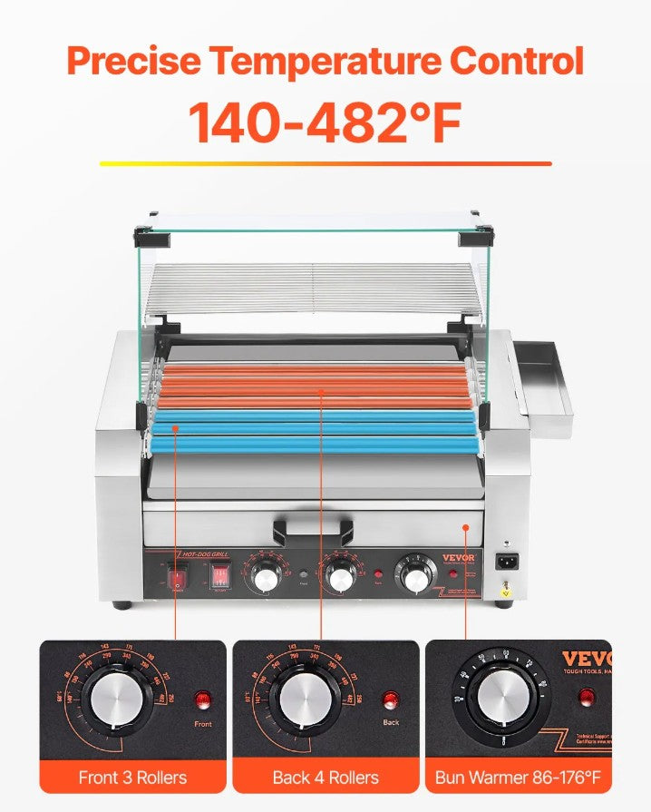 Vevor Electric 18 Hot Dog 7-Roller Grill Machine with Bun Warmer and Cover 1200W New