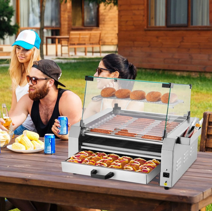 Vevor Electric 30 Hot Dog 11-Roller Grill Machine with Bun Warmer and Cover 1950W New
