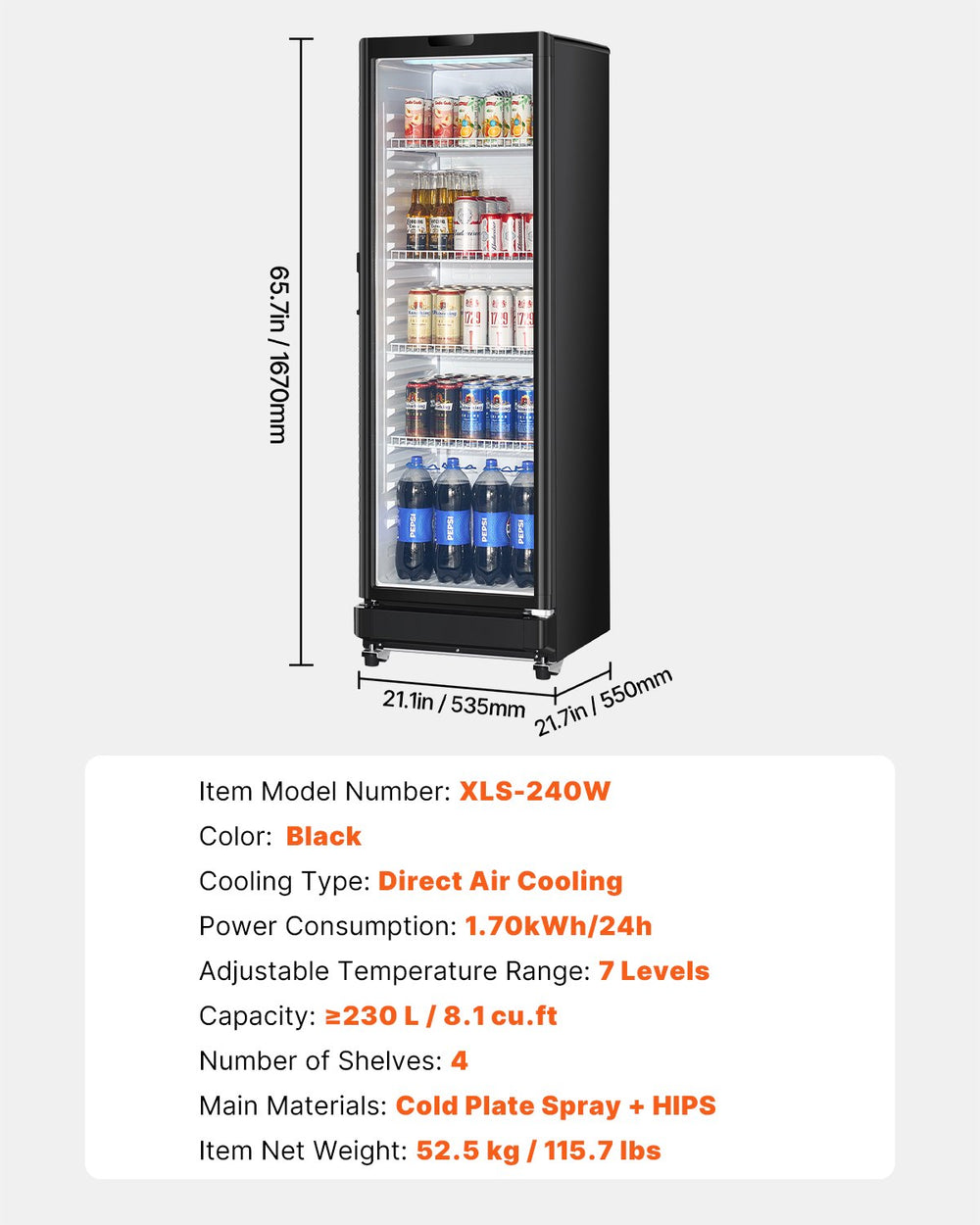 Vevor Commercial Beverage Refrigerator 8.1 Cu. Ft. Glass Door LED Lighting and Adjustable Shelves New