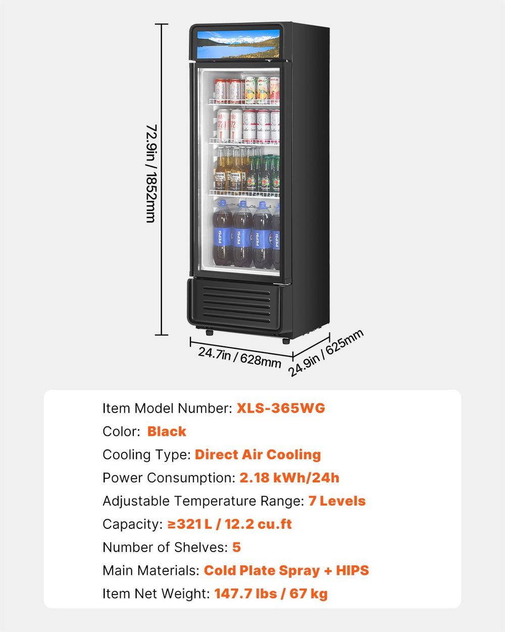Vevor Commercial Beverage Refrigerator 12.2 Cu. Ft. Glass Door LED Lighting and Adjustable Shelves New