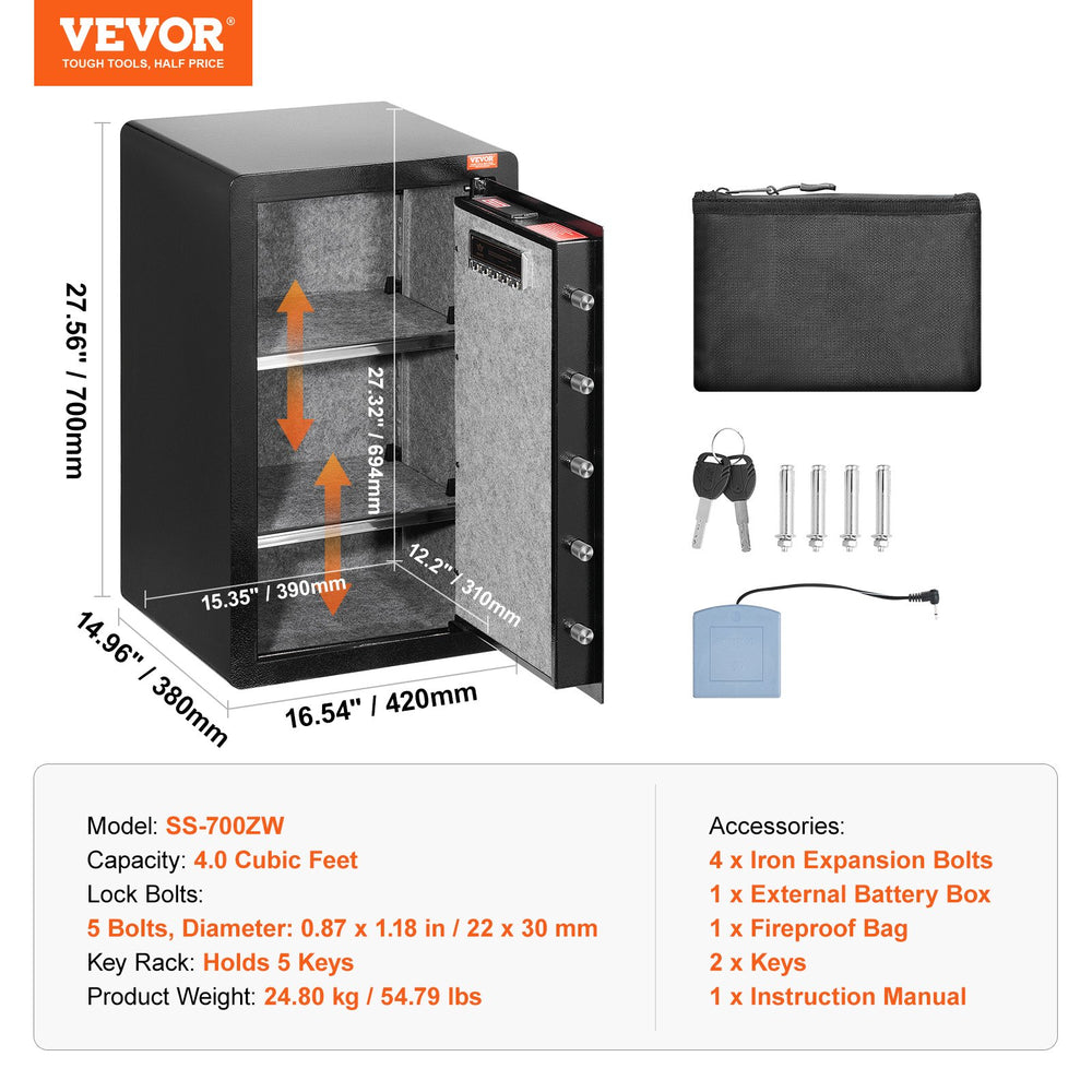 Vevor Safe Box 4.0 Cu. Ft. Single Door 5 Lock Bolts LED Light Dual Alarm System Key Lock Password and Fingerprint New