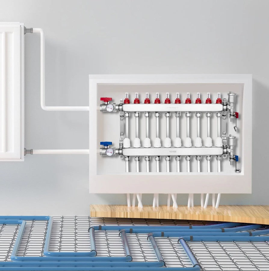 Vevor 10-Branch Radiant Heat Manifold for 1/2" PEX Tubing and Dual Temperature Gauges New