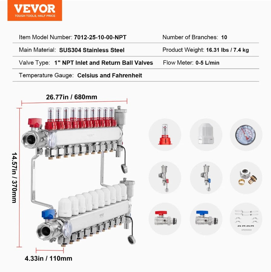 Vevor 10-Branch Radiant Heat Manifold for 1/2" PEX Tubing and Dual Temperature Gauges New