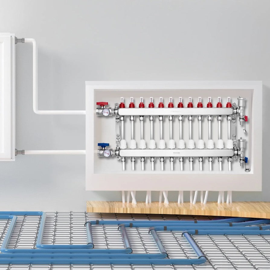 Vevor 12-Branch Radiant Heat Manifold for 1/2" PEX Tubing Stainless Steel New