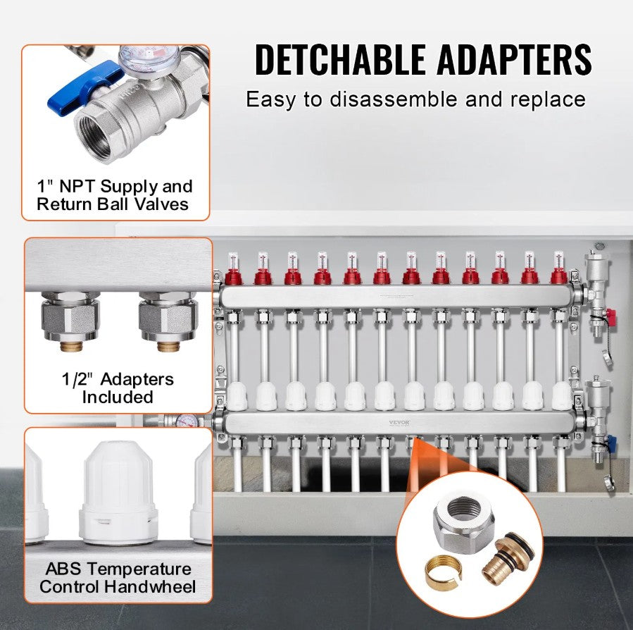 Vevor 12-Branch Radiant Heat Manifold for 1/2" PEX Tubing Stainless Steel New
