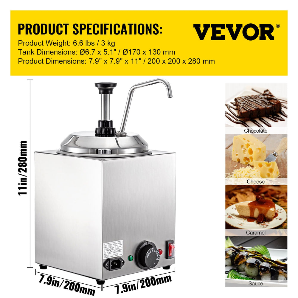 Vevor Cheese Warmer with Pump 2.4 Qt Capacity 650W Stainless Steel Dispenser 86°F-230°F Temperature New