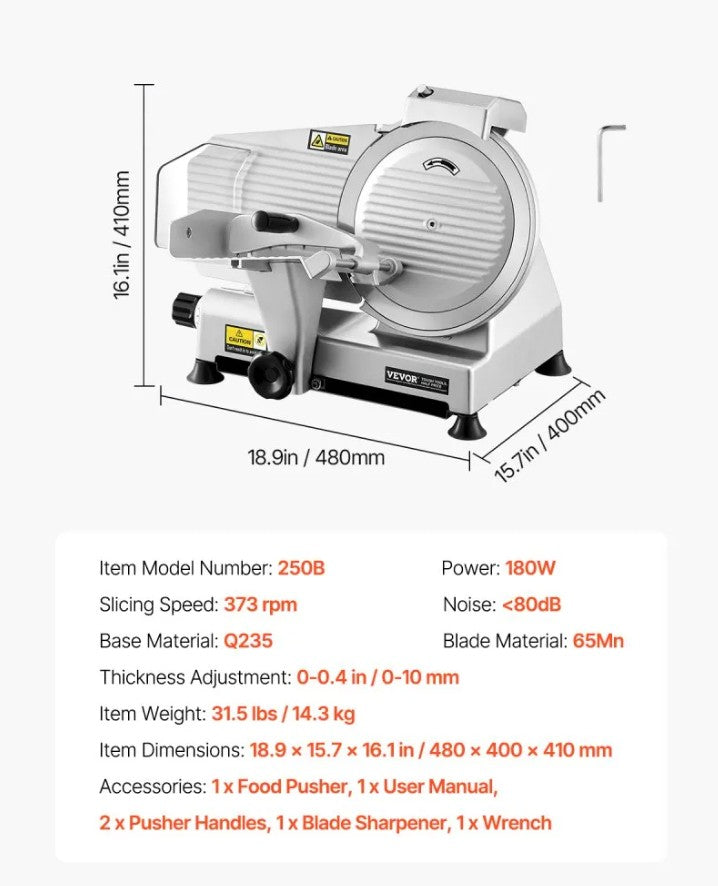 Vevor Electric Meat Slicer 180W 10" Carbon Steel Blade with Built-In Sharpener New