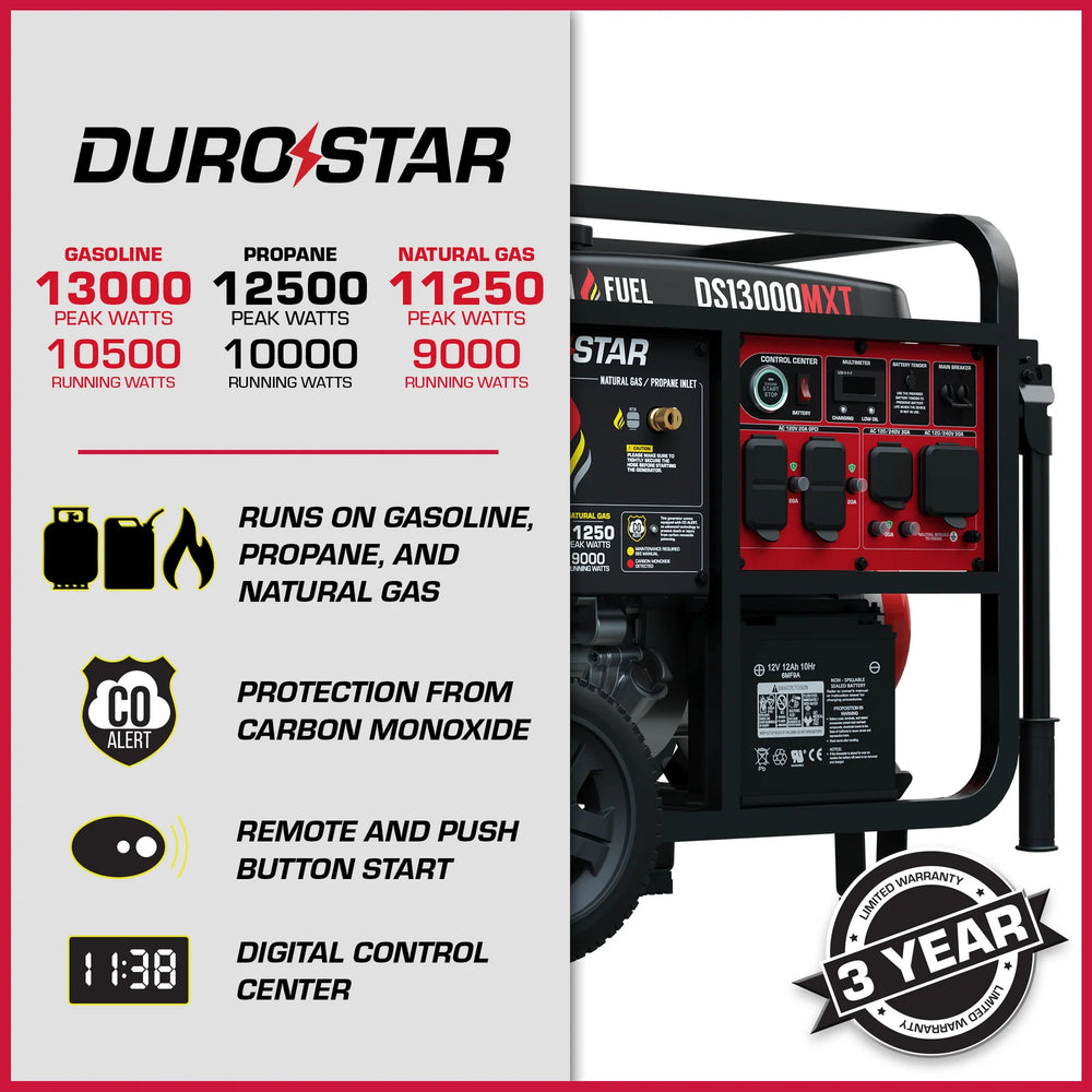 DuroStar DS13000MXT 10500W/13000W Generator Tri Fuel Gas Propane Natural Gas 50 Amp CO Alert Remote Start New