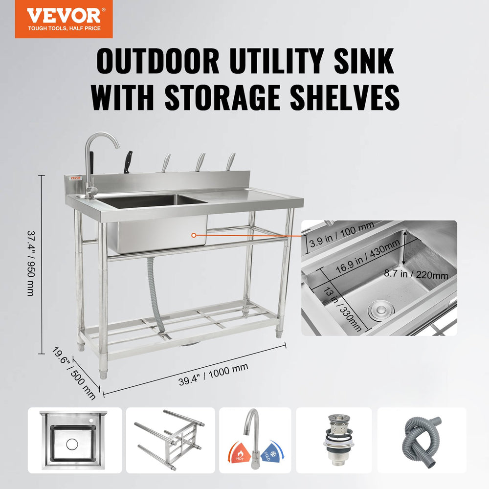 Vevor Stainless Steel Utility Sink 39.4"x19.1"x37.4" Commercial Single Bowl with Workbench NSF Certified New