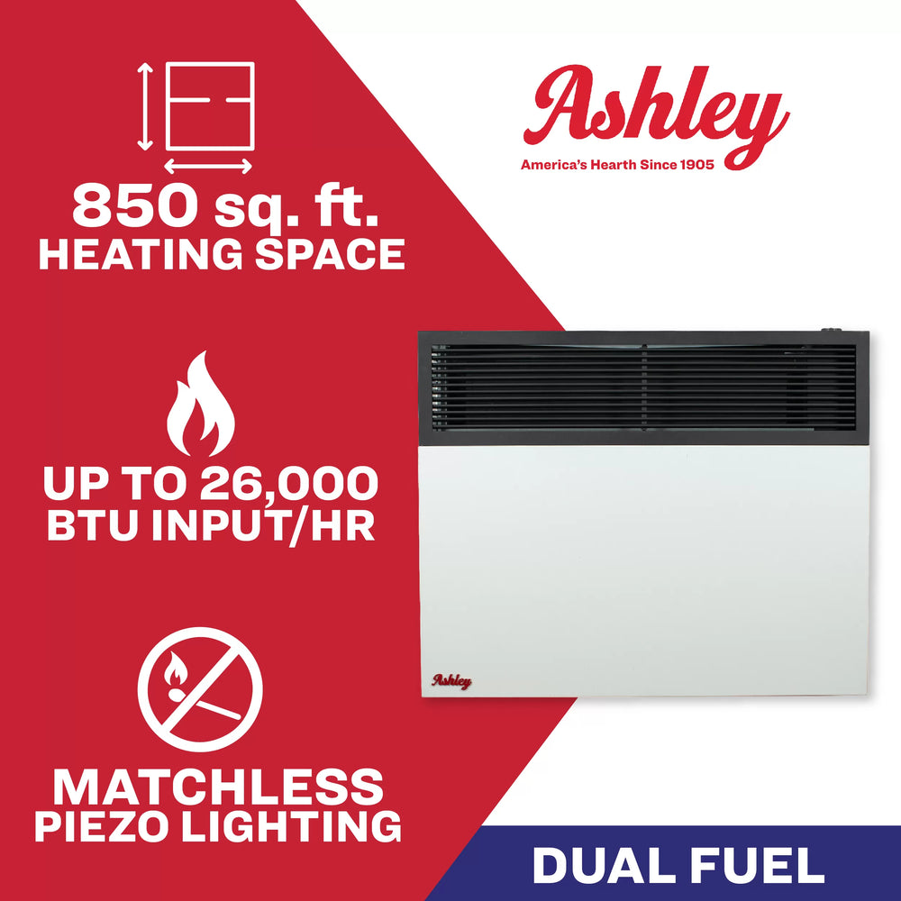 US Stove Ashley DVAG25-DF Wall Heater Dual Fuel Direct Vent 825 sq. ft. 25,000 BTU Furnace New