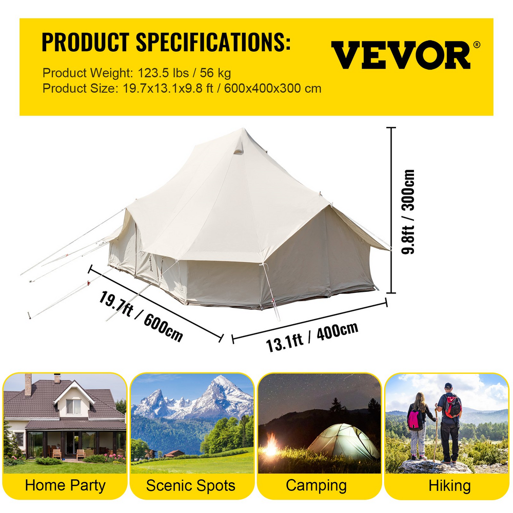 Vevor Bell Tent 6M 19.7' x 13.1' x 9.8' Yurt Beige Canvas Cotton For 8-12 People Portable 4 Season Teepee New