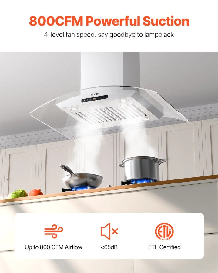 Vevor Ceiling-Mount Range Hood 30" Stainless Steel 800CFM Gesture and Touch Control New
