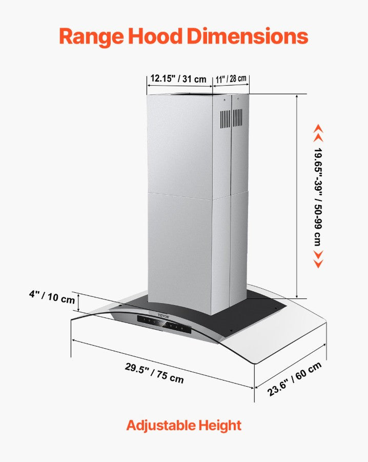 Vevor Ceiling-Mount Range Hood 30" Stainless Steel 800CFM Gesture and Touch Control New