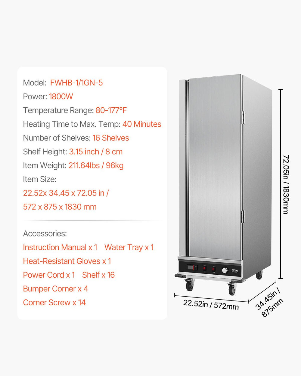 Vevor Food Warmer 16-Tier Cabinet Stainless Steel with Water Tray New