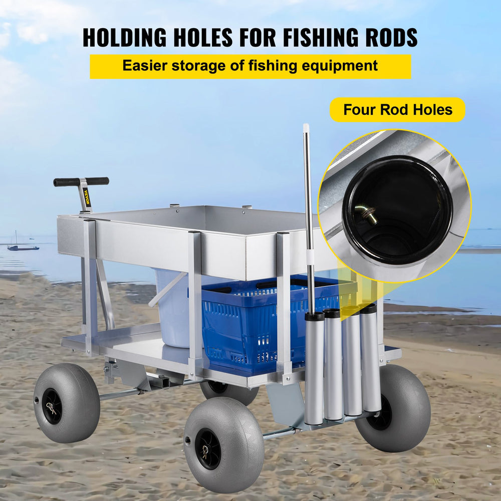 Vevor Beach Fishing Cart 500 lbs. Capacity 10" Balloon Tires Heavy-Duty Aluminum with 4 Rod Holders New