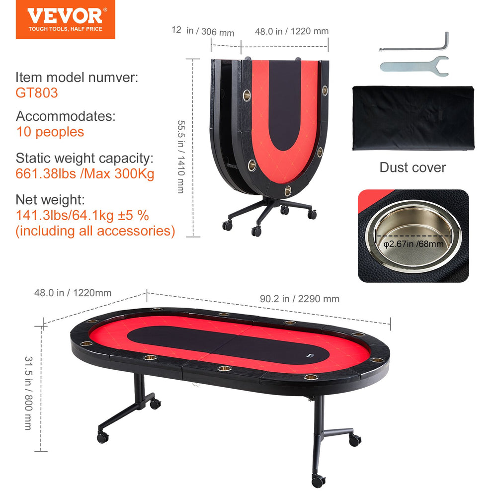 Vevor Poker Table 10-Player Foldable 90" Oval with Padded Rails Cup Holders and Wheels New