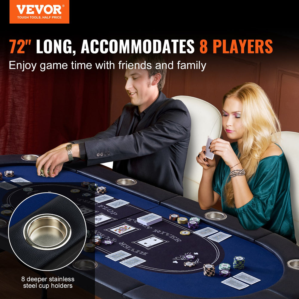 Vevor Poker Table 8-Player Foldable 72" Oval with Padded Rails and Cup Holders Blue New