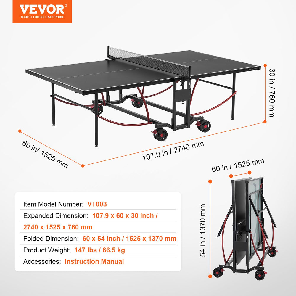 Vevor Foldable Ping Pong Table 108" x 60" Indoor/Outdoor with Net and Locking Wheels New