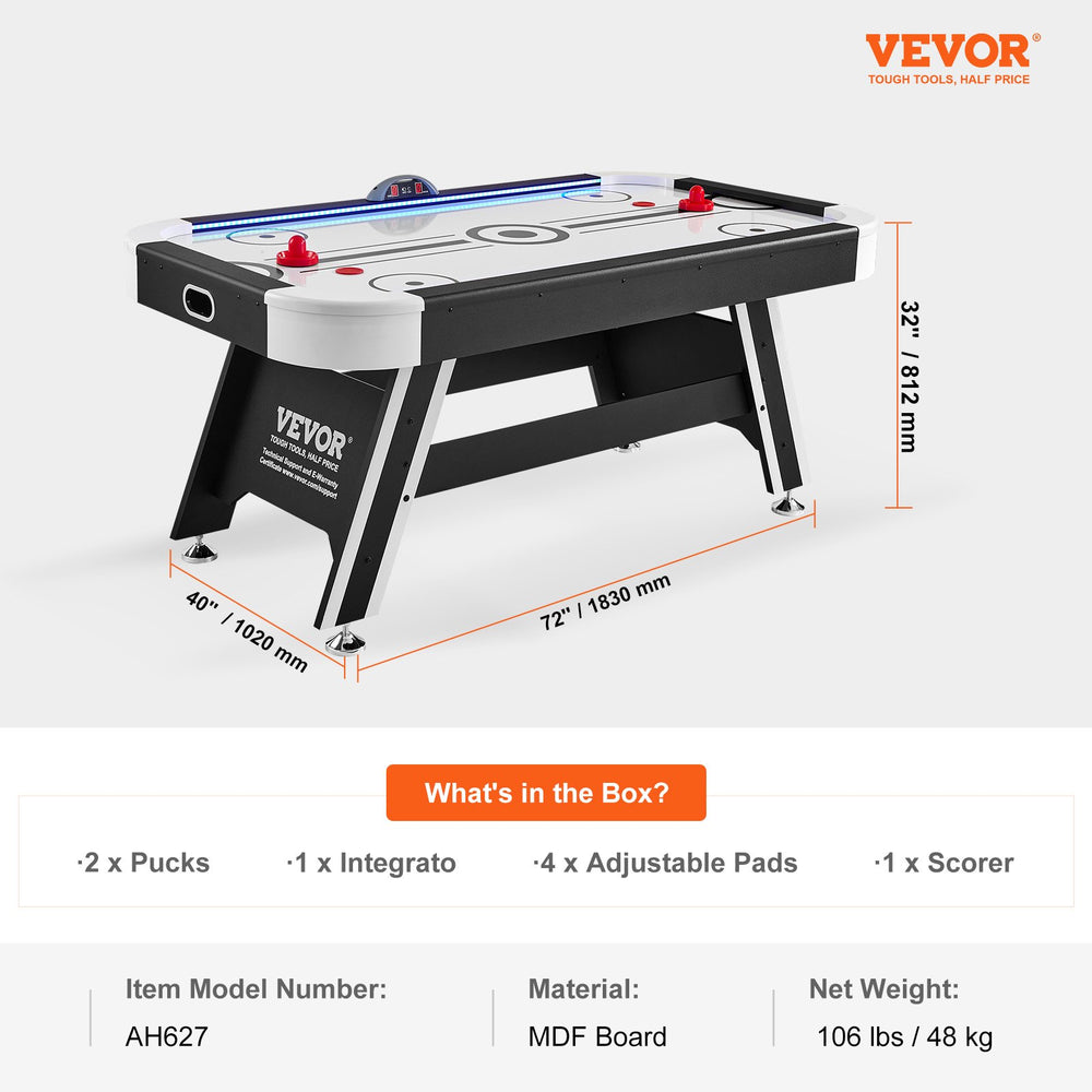 Vevor Hockey Table 72" Air-Powered Indoor LED Game with Electronic Scoreboard 2 Pucks and 2 Pushers New