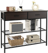39.5-inch dark brown entryway table with 2 drawers and 2 metal shelves, perfect for living room or hallway storage.
