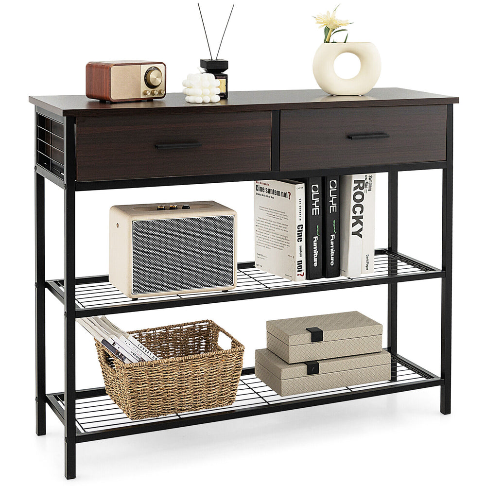 39.5 Inch Entryway Table with 2 Drawers and 2-Tier Shelves-Dark Brown - Gallery View 1 of 10