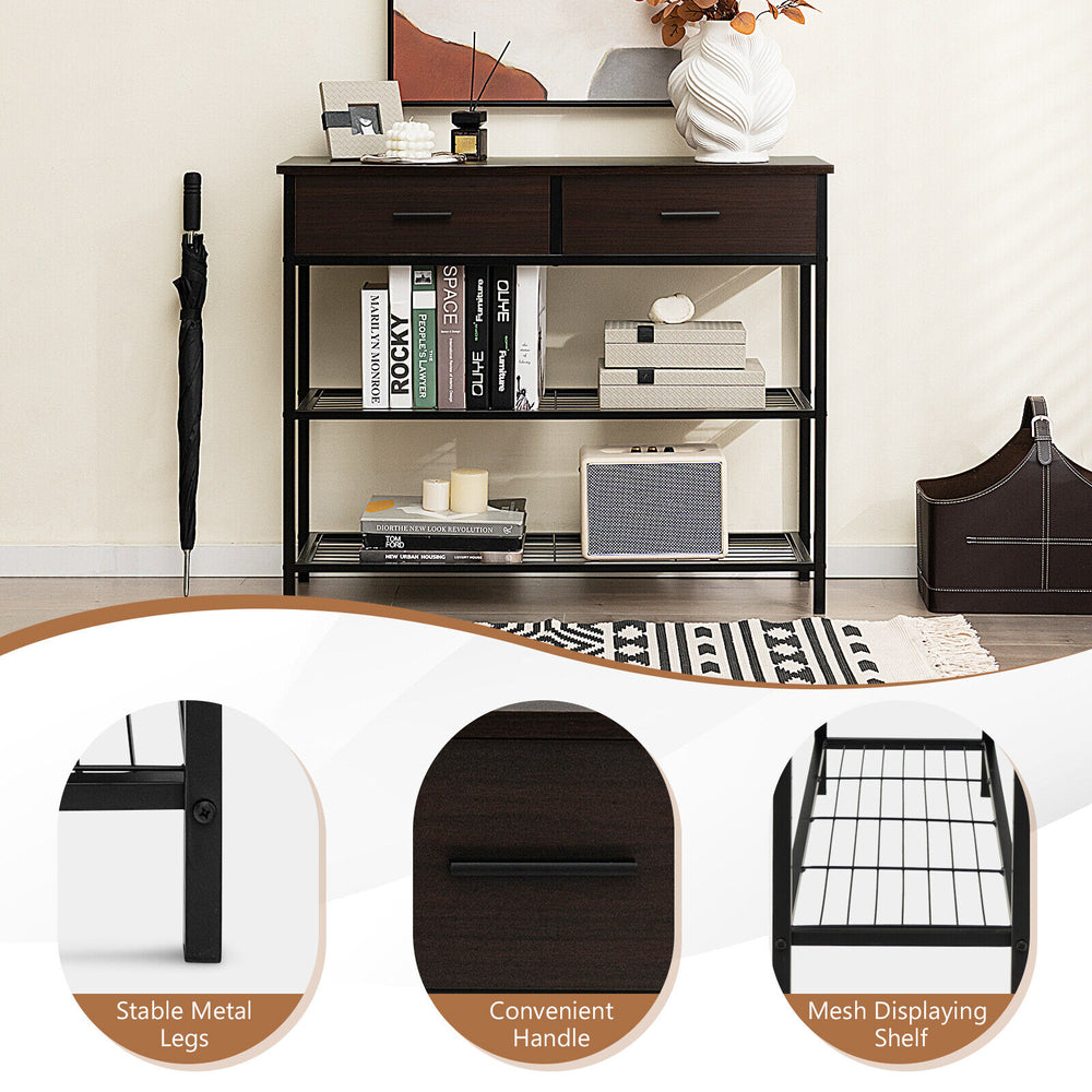 Dark brown entryway table featuring 2 drawers and 2 metal shelves, ideal for living room or hallway storage.