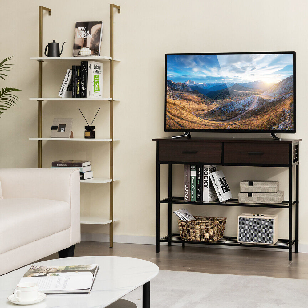 Dark brown 39.5-inch entryway table with 2 drawers and 2 metal shelves, perfect for living room or entryway storage.