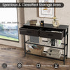39.5-inch dark brown entryway table featuring two large drawers and two-tier metal shelves for versatile storage.