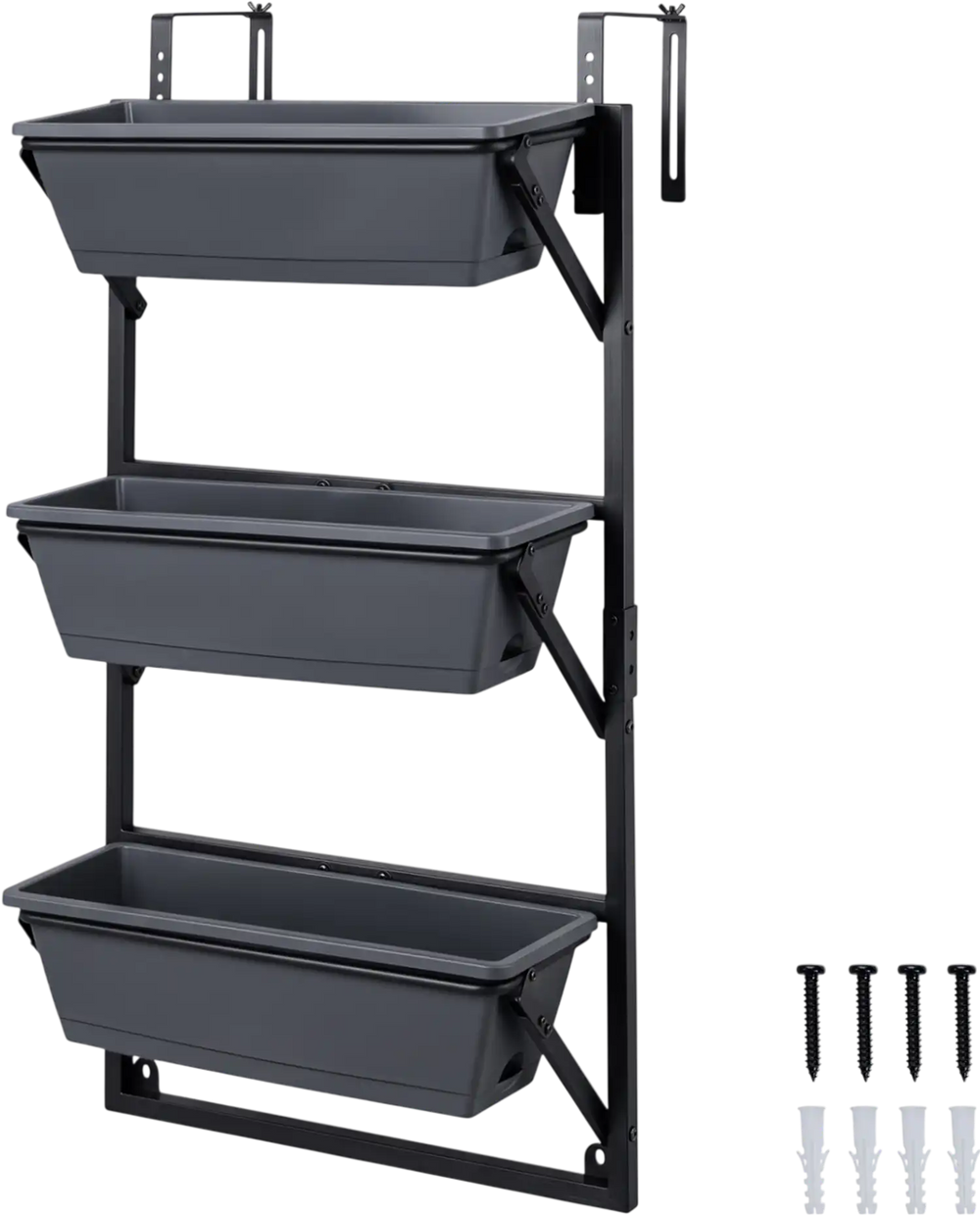 Three-tier black deck railing planter boxes with adjustable brackets, ideal for growing herbs, fruits, and flowers.