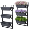 Three-tier black deck railing planter boxes with adjustable brackets for growing herbs, flowers, and vegetables.
