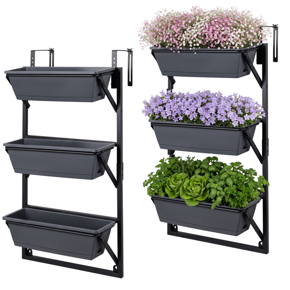 Three-tier black deck railing planter boxes with adjustable brackets for growing herbs, flowers, and vegetables.
