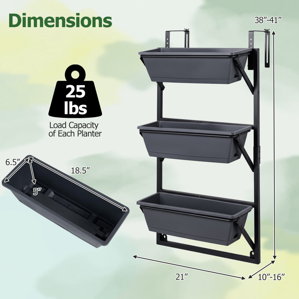 Three-tier black deck railing planter boxes with adjustable brackets, perfect for growing herbs, fruits, and flowers.