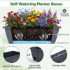 Self-watering planter boxes in black feature a 3-tier design with drainage holes, perfect for herbs, flowers, and vegetables.