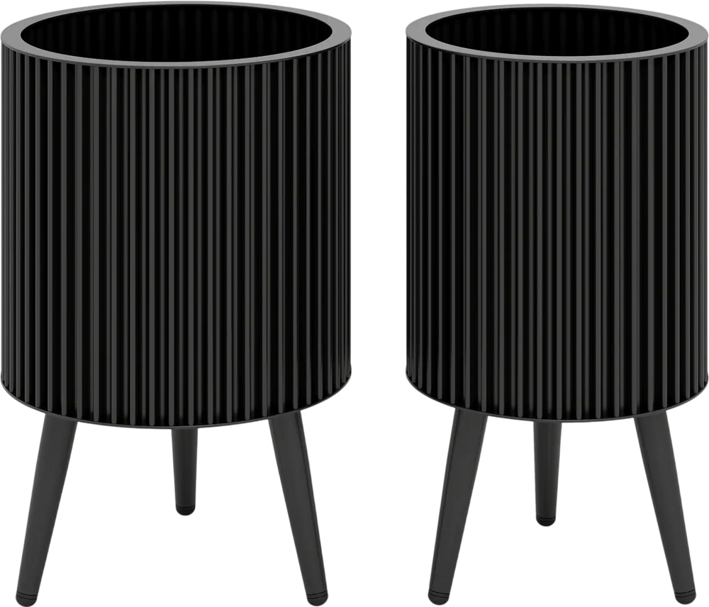 Set of 2 modern black decorative flower pots with stands, featuring drainage holes and a fluted design for stylish decor.