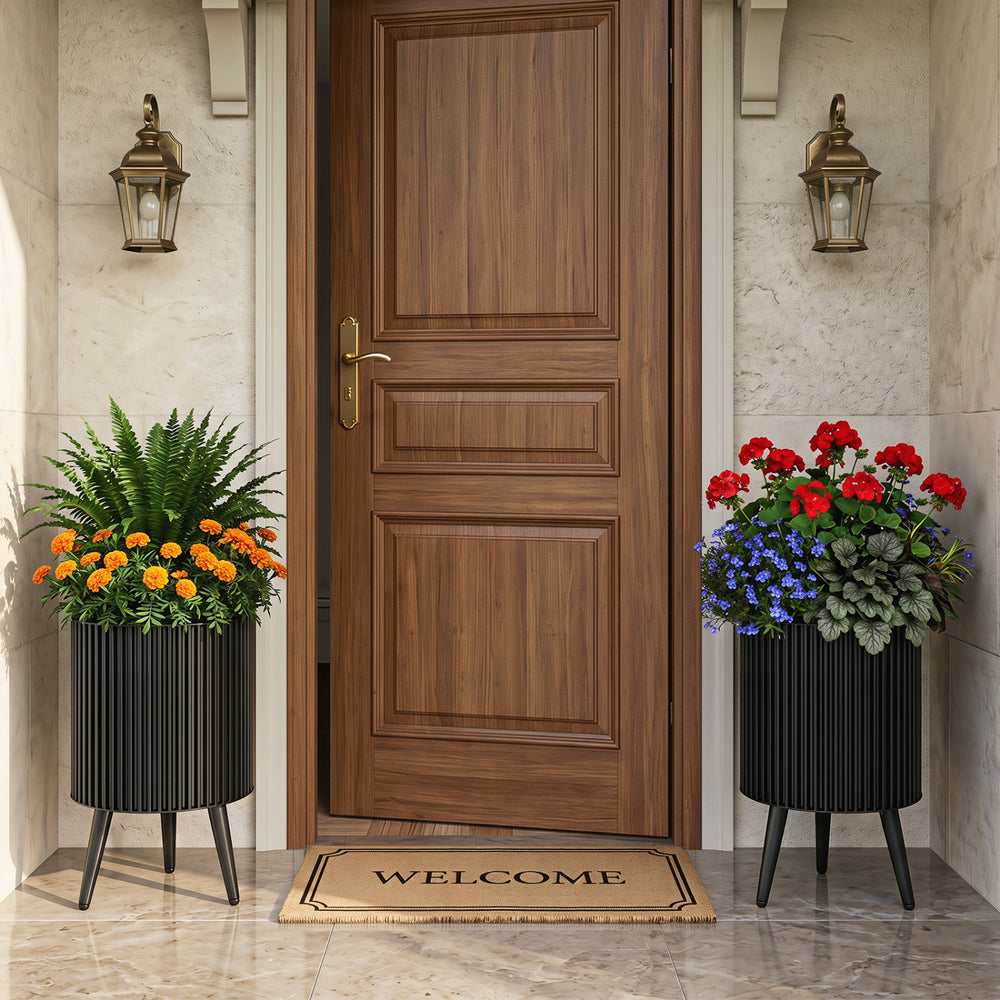 Set of 2 decorative flower pots with stand, featuring a modern fluted design and drainage holes for enhanced airflow.
