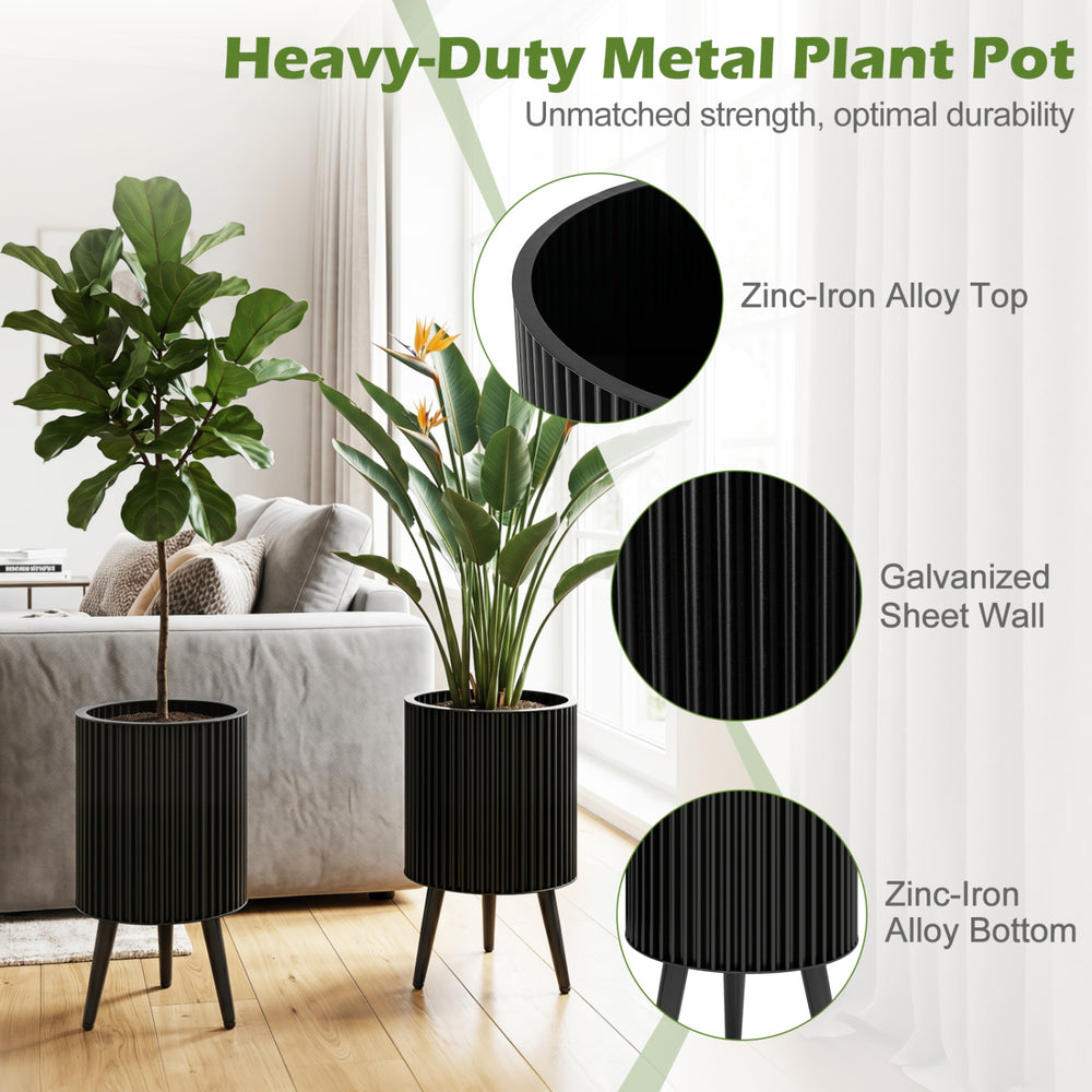 Set of 2 decorative flower pots with a modern fluted design, zinc-iron alloy top, and drainage holes for optimal airflow.