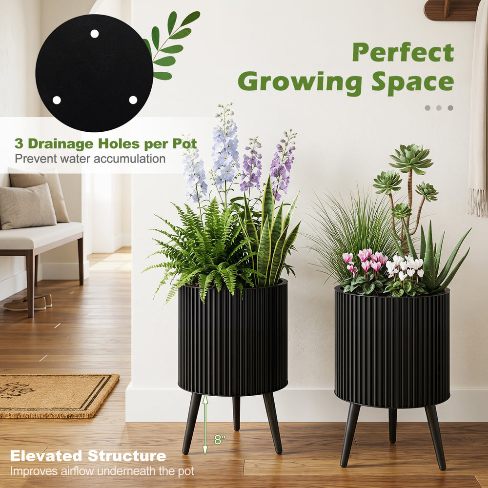 Set of 2 decorative flower pots with modern fluted design, drainage holes, and elevated structure for improved airflow.
