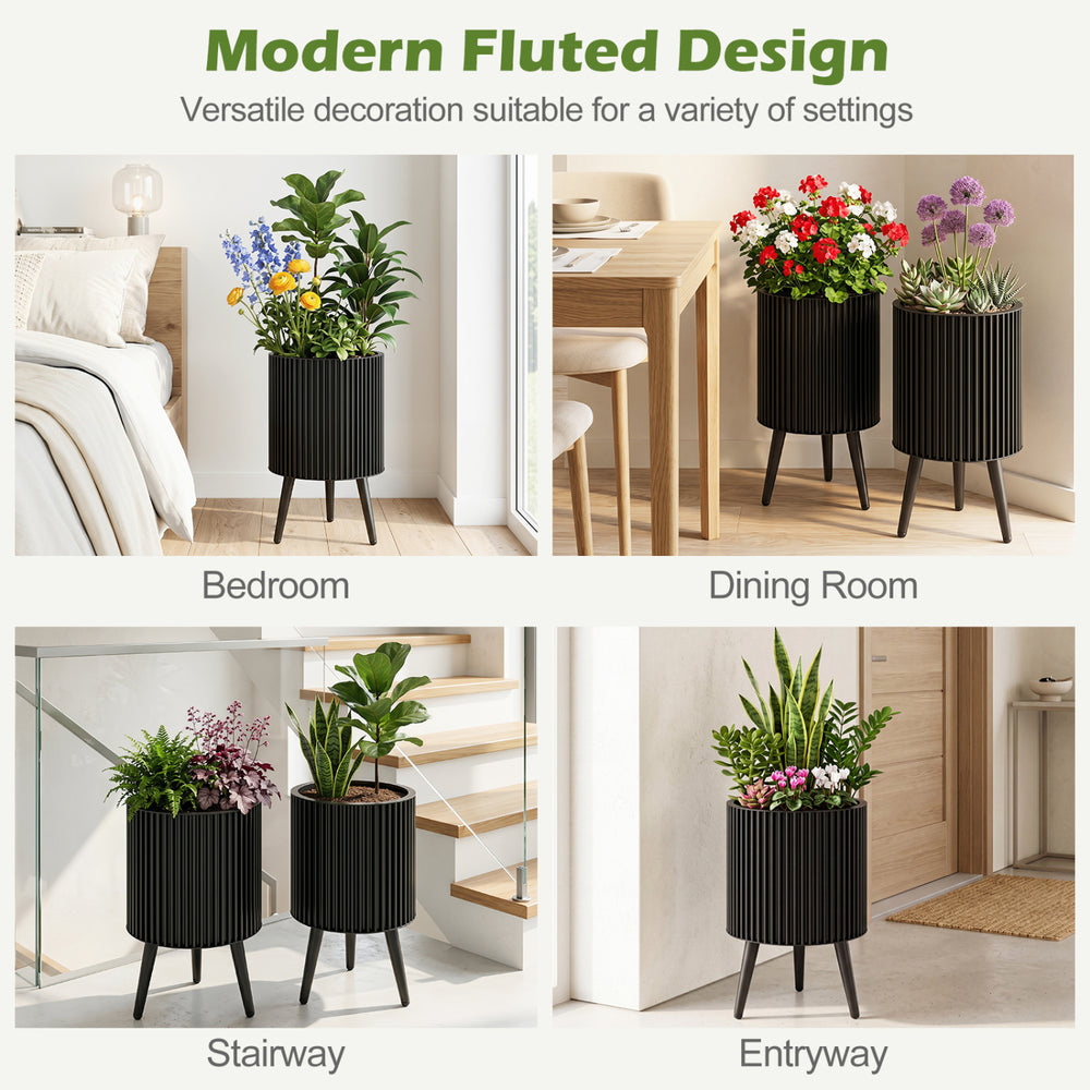 Set of 2 decorative flower pots with stand, featuring a modern fluted design and drainage holes for versatile home decor.