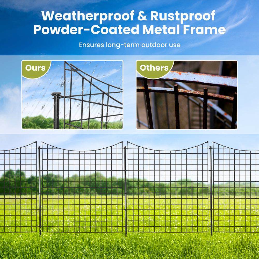 Decorative black garden fence with 5 panels and stakes, made of weatherproof powder-coated metal for long-term outdoor.