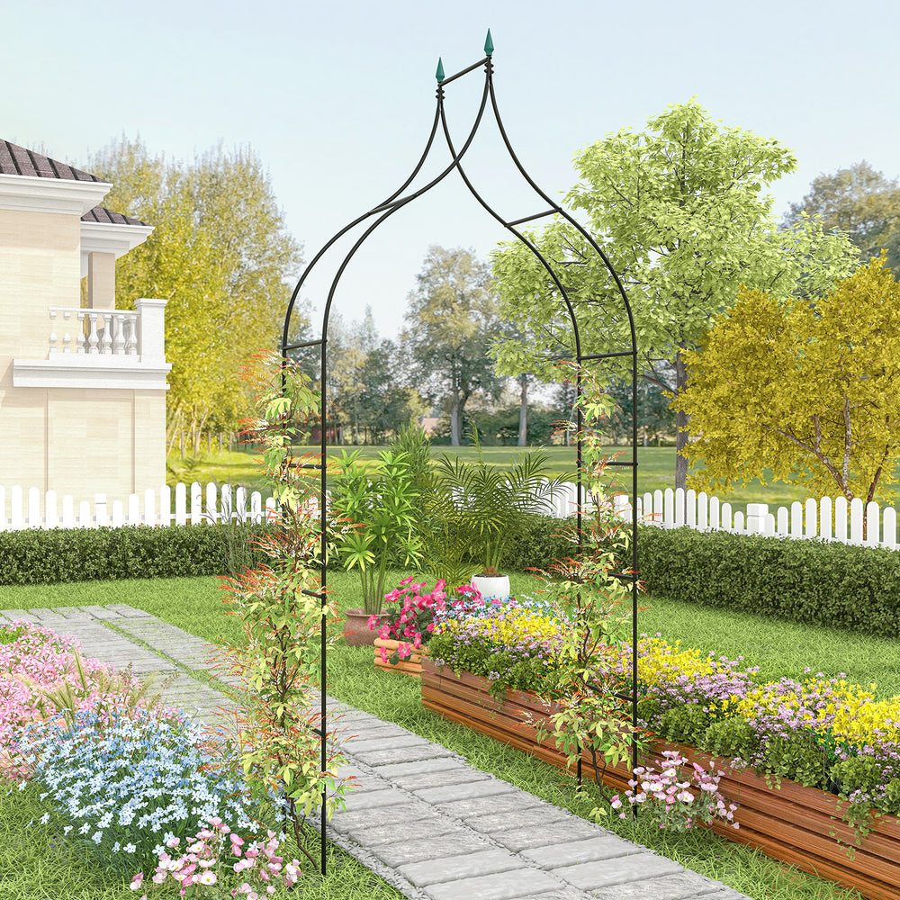 Decorative 9.5 feet metal garden arch with pointed arches, ideal for climbing vines and wedding decorations in outdoor.