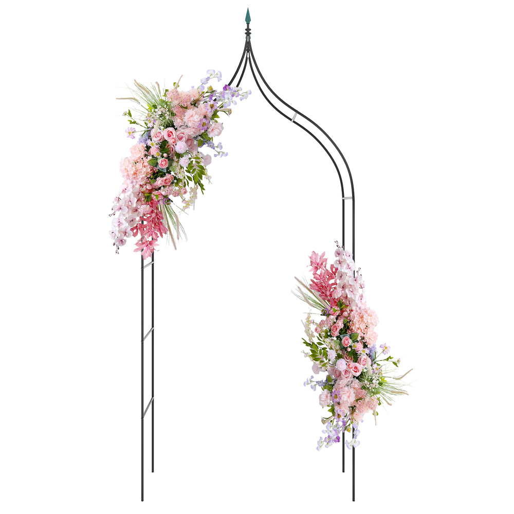 Decorative metal garden arch with pink floral arrangements, perfect for weddings and outdoor party decorations.