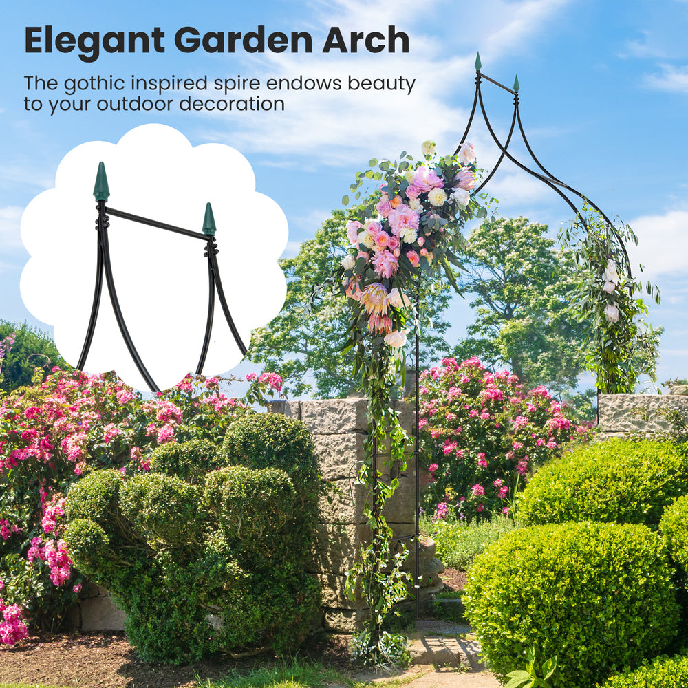 Decorative metal garden arch with pointed arches, 9.5 feet tall, perfect for weddings and outdoor decorations.