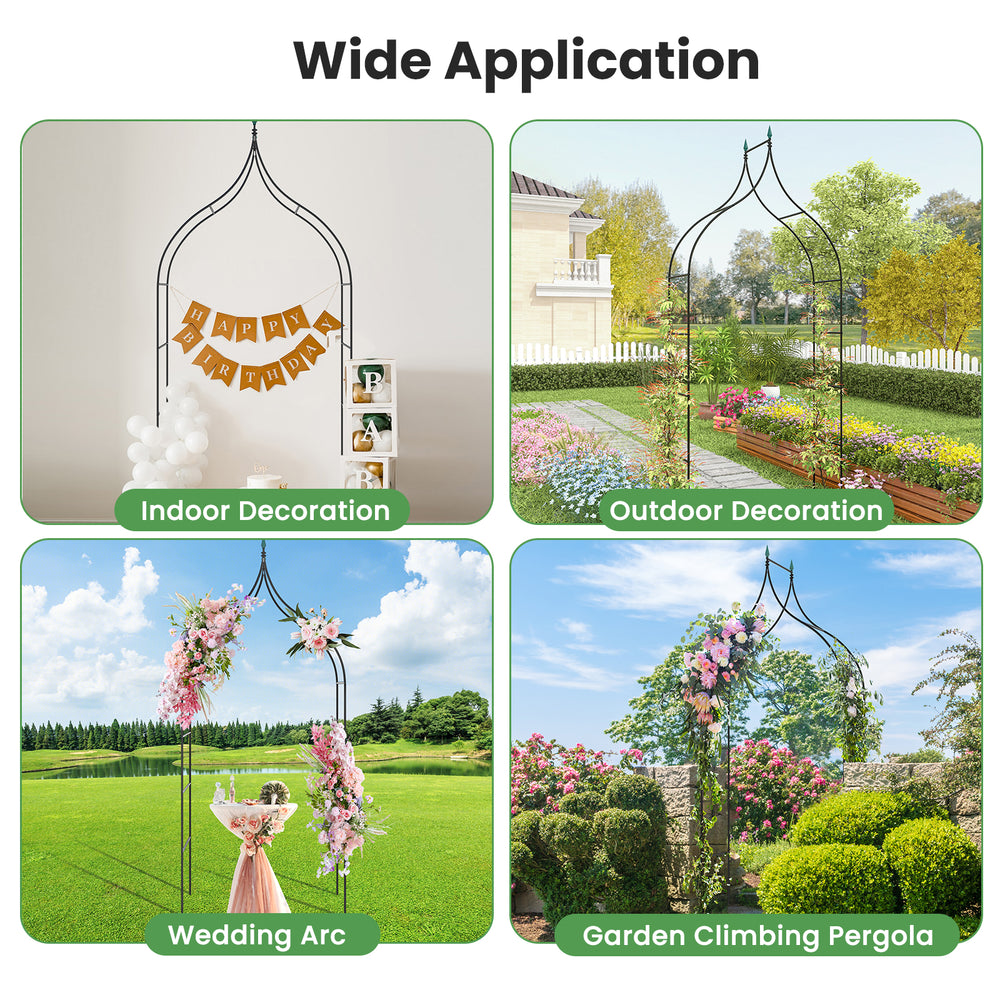 9.5 feet decorative metal garden arch with pointed arches, ideal for wedding ceremonies and outdoor party decorations.